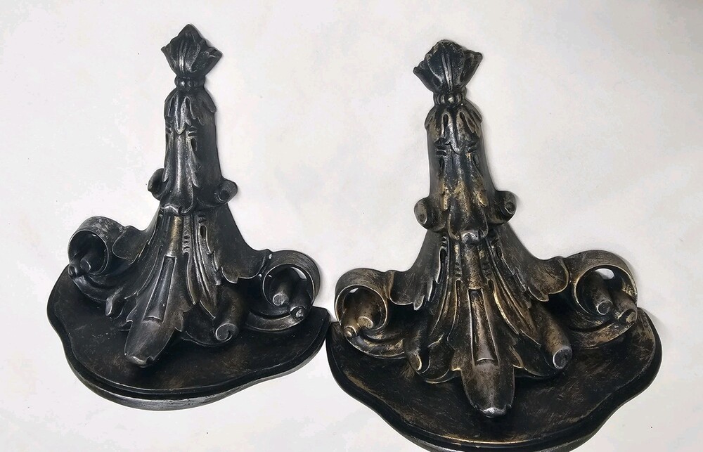 2 Vintage Gothic Victorian Cast Iron Wall Shelf Brackets Corbels Ornate Gold